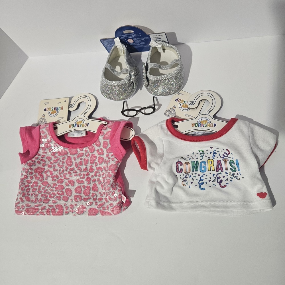 Build-A-Bear Workshop Bear Clothing Lot Shoes Tops Glasses Pink Silver 16in